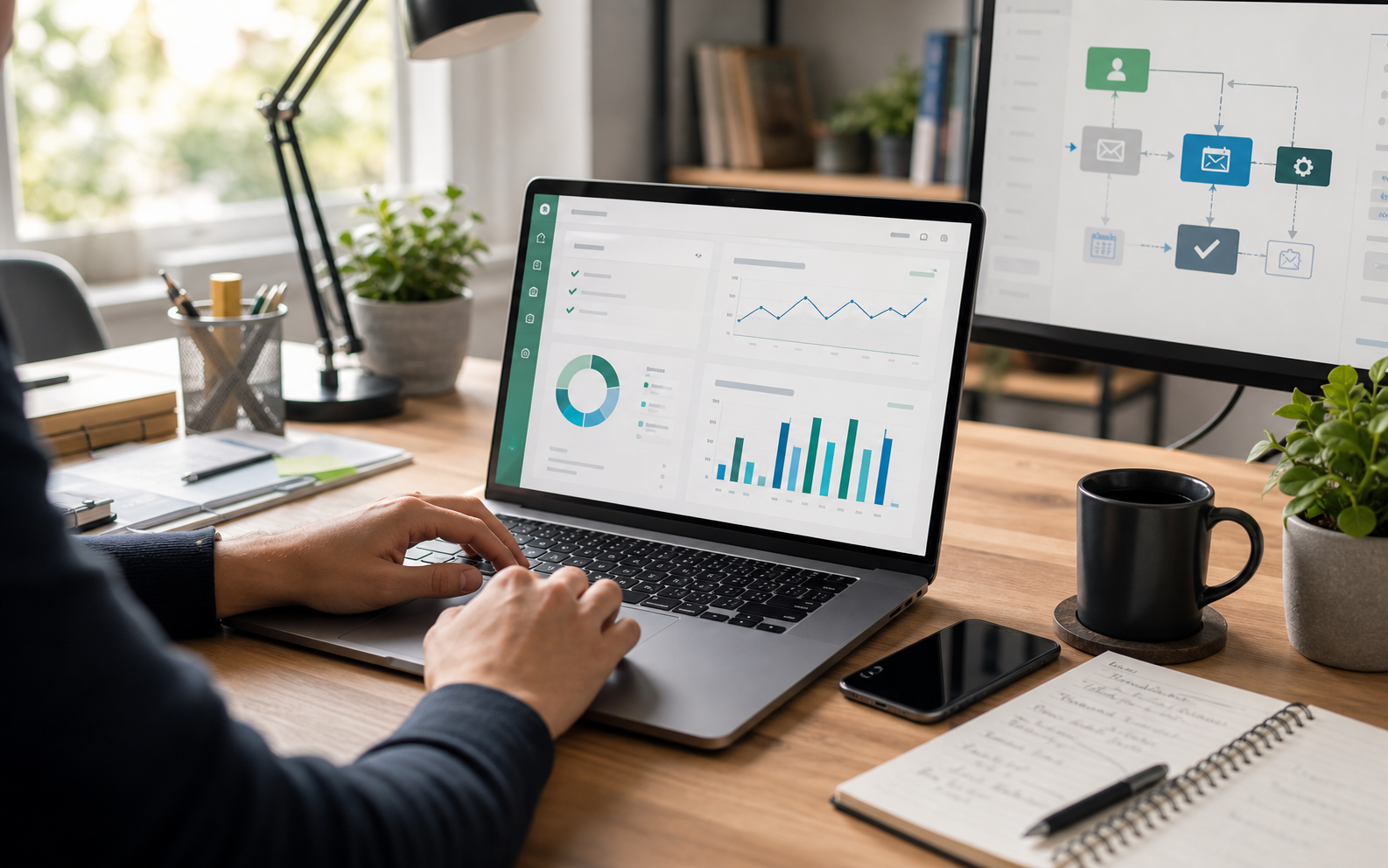 Small business workspace with dashboards and planning screens